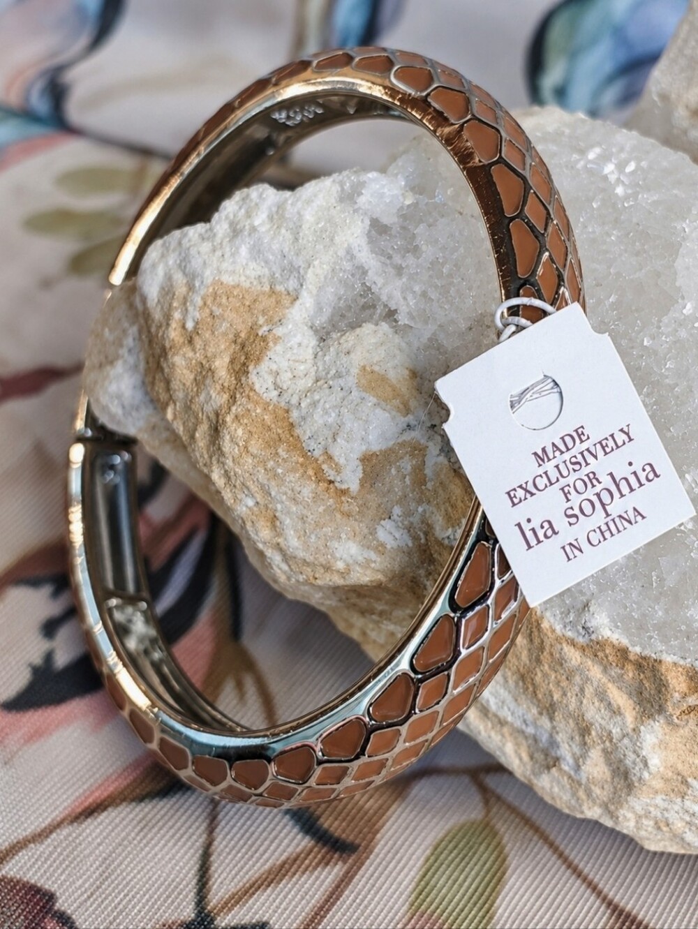 Lia Sophia Silver Multi Diamond Design Caramel Enameled Bangle Bracelet NWT